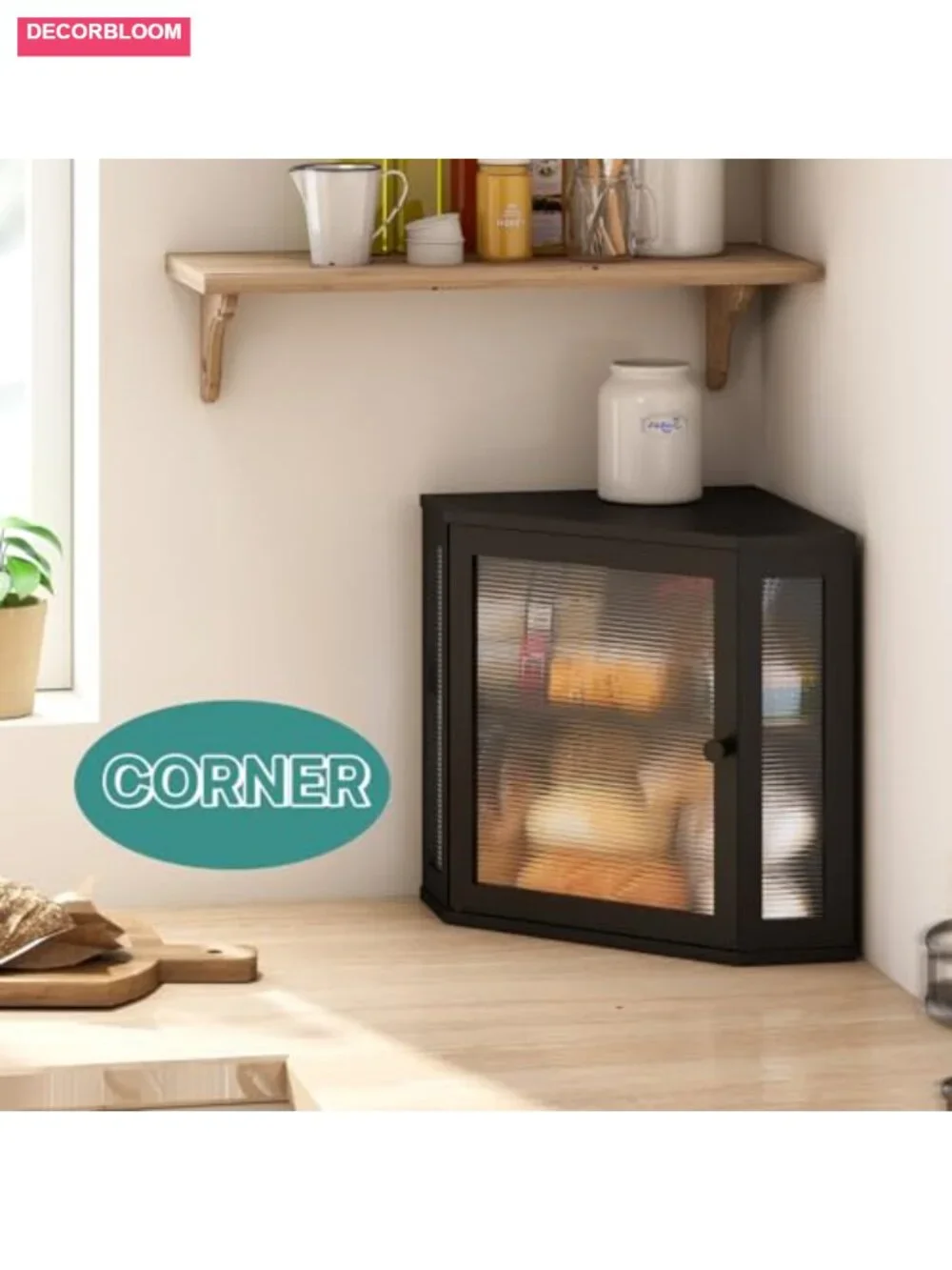 Corner Bread Box Bamboo Wood Large Capacity Storage with Acrylic Wavy Door